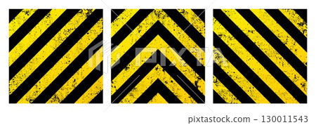 Warning sign with yellow and black diagonal lines. Attention, danger or caution symbol. Construction site signage, road safety notice, hazard banner, security alert shield. Vector illustration 130011543