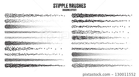 Ink scatter brush, stipple drawing and texturing. Fading gradient. Stippling, dotwork drawing, shading using dots. Halftone disintegration effect. White noise grainy texture. Vector illustration Ink scatter brush, stipple drawing and texturing. Fading gradient. Stippling, dotwork drawing, shading using dots. Halftone disintegration effect. White noise grainy texture. Vector illustration 130011552