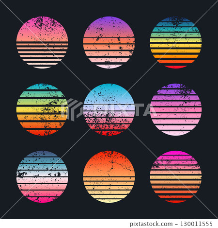 Grunge vintage colorful sunset. Striped gradient sunrise badges in 80s and 90s style. Sun and ocean view, summer vibes, surfing. Design element for print, logo or t-shirt. Vector illustration Grunge vintage colorful sunset. Striped gradient sunrise badges in 80s and 90s style. Sun and ocean view, summer vibes, surfing. Design element for print, logo or t-shirt. Vector illustration 130011555