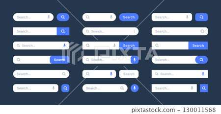Various search bar templates. Internet browser engine with search box, address bar and text field. UI design, website interface element with web icons and push button. Vector illustration Various search bar templates. Internet browser engine with search box, address bar and text field. UI design, website interface element with web icons and push button. Vector illustration 130011568