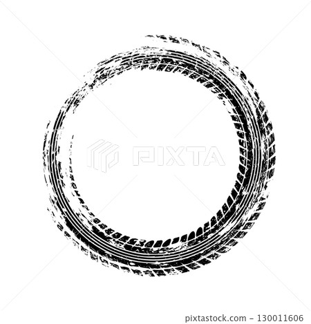 Grunge circle tire track, wheel braking mark. Truck, car or motorcycle tread pattern silhouettes. Auto race, motorsport, speed racing design element. Vector illustration 130011606