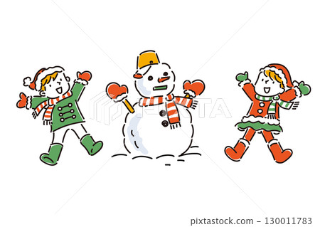 Children happy to make a snowman on a white background 130011783