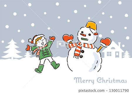 一張孩子開心堆大雪人的明信片 130011790
