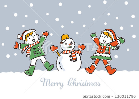 一張孩子們堆雪人的明信片 130011796