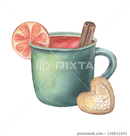 Mug filled with mulled wine, orange slice, cinnamon stick, cookie. Hand-painted watercolor illustration of drink and snack isolated on white for holiday design, menu, cards, food and drink branding Mug filled with mulled wine, orange slice, cinnamon stick, cookie. Hand-painted watercolor illustration of drink and snack isolated on white for holiday design, menu, cards, food and drink branding 130011835