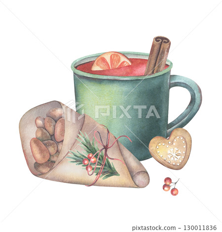 Caramelized almonds, fir branch, berries, mulled wine, orange slice, cinnamon, cookie. Hand-painted watercolor illustration isolated on white for cafe menu, holiday design, fair, market branding 130011836