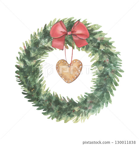 Fir wreath with gold splashes, bow-knot. Hand-painted watercolor illustration of winter decor isolated on white background. Perfect for holiday cards, invitations, branding, packaging, holiday design Fir wreath with gold splashes, bow-knot. Hand-painted watercolor illustration of winter decor isolated on white background. Perfect for holiday cards, invitations, branding, packaging, holiday design 130011838