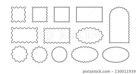 Wavy scallop edge frame set. Wave rectangle, circle, oval geometric shape. Scalloped wiggle border. Squiggly clouds square stickers. Empty text boxes. Vector illustration isolated on white background Wavy scallop edge frame set. Wave rectangle, circle, oval geometric shape. Scalloped wiggle border. Squiggly clouds square stickers. Empty text boxes. Vector illustration isolated on white background 130011939