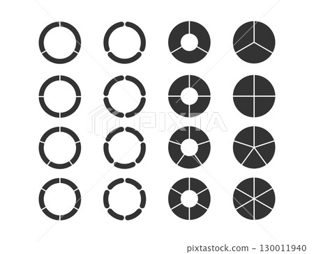 Circle division infographic icon set. Pie chart divided 3,4,5,6 equal parts. Color pizza, donut round diagram. Infographic wheel segment and fraction. Vector illustration isolated on white background 130011940