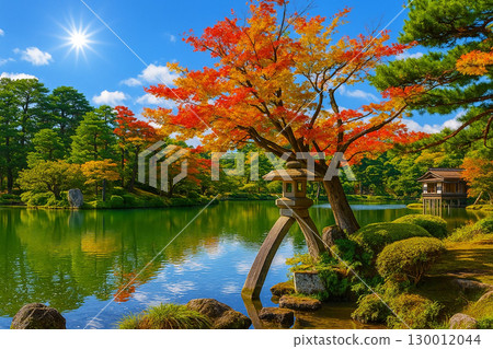 兼六園的紅葉：鬼神燈籠與霞池倒映的風景 130012044