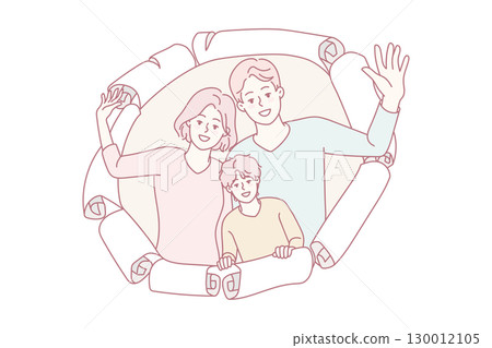 Happy family with child peep through paper hole 130012105