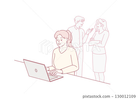 Happy woman work on computer distracted from outside 130012109