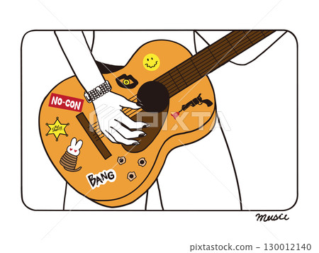 用貼紙裝飾的彈奏原聲吉他的手的線條畫插圖 用貼紙裝飾的彈奏原聲吉他的手的線條畫插圖 130012140