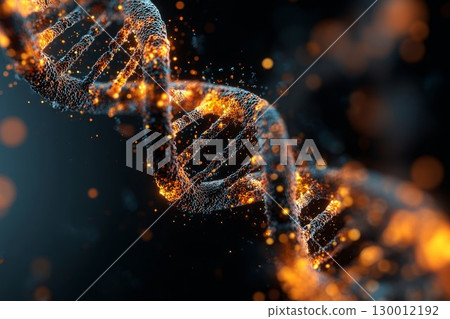 3d dna strand shining with blue and gold tones. Abstract illustration perfect for biology studies or genetic engineering projects. 130012192