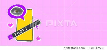 Facts search bar halftone and pixel stickers background template. Collage with speech bubbles pixel art and magazine phone and eye cutouts. Vector y2k illustration isolated on pink background 130012530