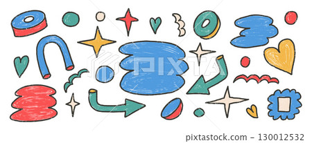Abstract kids shapes and text boxes crayon drawn set. Naive doodle tag figures on white background. Callouts frames geometric forms elements. Vector silhouette illustration by pencil Abstract kids shapes and text boxes crayon drawn set. Naive doodle tag figures on white background. Callouts frames geometric forms elements. Vector silhouette illustration by pencil 130012532