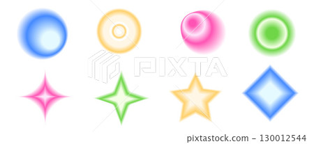 Blur gradient geometric shape set. Y2k retro circles with sparkles forms. Colorful rounds and star icons on white background. Trendy effect with blurry texture. Vector illustration 130012544