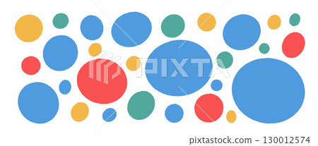 Round and circles shapes uneven set. Kids colorful rough elements. Kindergarten fun polka dots hand drawn pattern. Vector blue, green and yellow ellipse, round element collection isolated 130012574