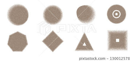 Grain gradient geometric shape set. Y2k noise circles with triangles forms. Taupe brown rhombus and rectangles icons on white background. Trendy effect with gritty grunge texture. Vector illustration Grain gradient geometric shape set. Y2k noise circles with triangles forms. Taupe brown rhombus and rectangles icons on white background. Trendy effect with gritty grunge texture. Vector illustration 130012578