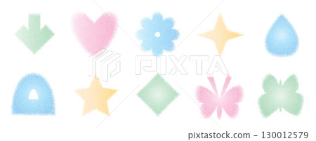 Y2k retro gritty pastel gradation triangle, drop and arrow with flower forms. Sand dotwork gradient geometric shape. Butterfly and star noise icons on white background. Vector illustration Y2k retro gritty pastel gradation triangle, drop and arrow with flower forms. Sand dotwork gradient geometric shape. Butterfly and star noise icons on white background. Vector illustration 130012579