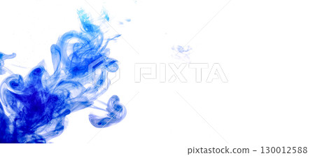 Blue ink injected into water from syringe, colour mixing with water creating abstract shapes, banner with space for text right side 130012588