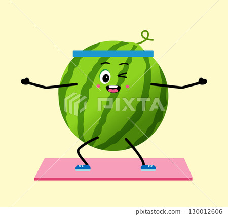 Cute strong watermelon character. Cartoon watermelon gym, health, fitness yoga meditate concept. Cute strong watermelon character. Cartoon watermelon gym, health, fitness yoga meditate concept. 130012606