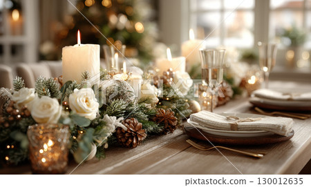 Festive table setting with candles, white roses, pinecones, and greenery creates warm holiday atmosphere 130012635