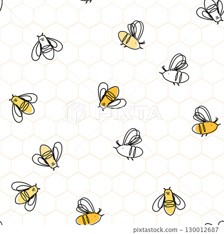 Linear cartoon homey bees on honeycombs seamless pattern. Vector background illustration. 130012687