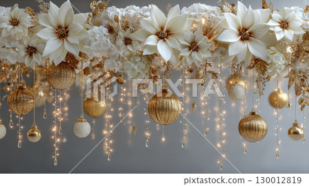 Elegant white and gold floral garland with sparkling ornaments and lights creates festive and luxurious holiday atmosphere 130012819