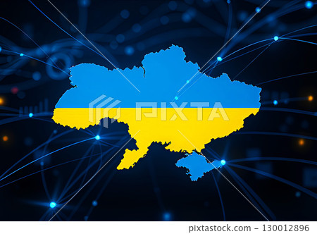 An abstract Ukraine's map in colors of the national flag at a futuristic technology background An abstract Ukraine's map in colors of the national flag at a futuristic technology background 130012896