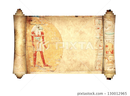 Ancient Colorful papyrus with egyptian god and hieroglyphs. Old parchment with Figure of the god Khnum. Isolated on white background. Copy space for your text. Mock up template. 3d render 130012965