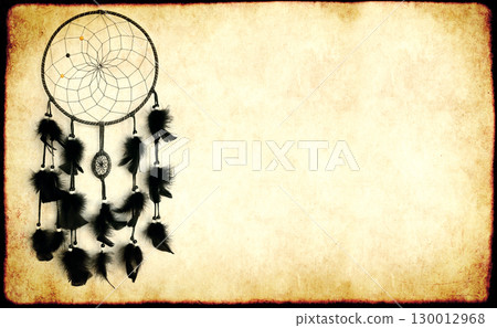 Background with grunge texture of retro paper and magic dreamcatcher. Horizontal banner with cardboard texture and dream catcher. Old paper vintage material and Native American shaman amulet Background with grunge texture of retro paper and magic dreamcatcher. Horizontal banner with cardboard texture and dream catcher. Old paper vintage material and Native American shaman amulet 130012968