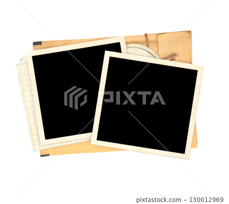 Top view of blank vintage aged letter paper envelope and two blank photo frame. Retro photo on with envelope with a rope is depicted.  Nostalgic scrapbooking style. Isolated on white background Top view of blank vintage aged letter paper envelope and two blank photo frame. Retro photo on with envelope with a rope is depicted.  Nostalgic scrapbooking style. Isolated on white background 130012969