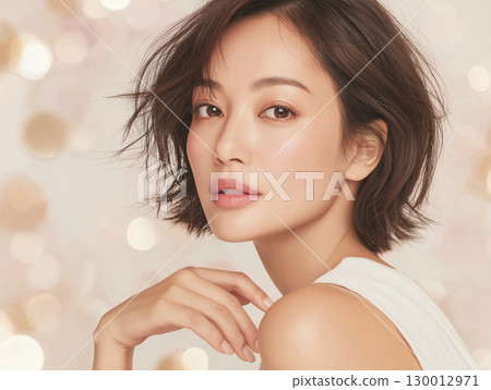 A portrait of a beautiful woman with clear skin and attractive eyes, surrounded by soft light. A portrait of a beautiful woman with clear skin and attractive eyes, surrounded by soft light. 130012971