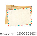 Top view of vintage paper envelope and retro postcard with striped edges. Nostalgic scrapbooking template is perfect way to express creativity and evoke a sense of warm memories. Isolated on white 130012983