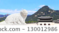 Horizontal banner with statue of mythical creature at Gwanghwamun Gate. View of Gyeongbokgung palace and Inwangsan Mountain, Seoul, South Korea. Topic of summer vacation, travel, cruises and tours 130012986