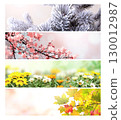 Set of horizontal nature banners. Four season of year. Each one features scene of nature, from the gentle snowfall of winter to the vibrant leaves of summer. Perfect for showcasing changing seasons 130012987