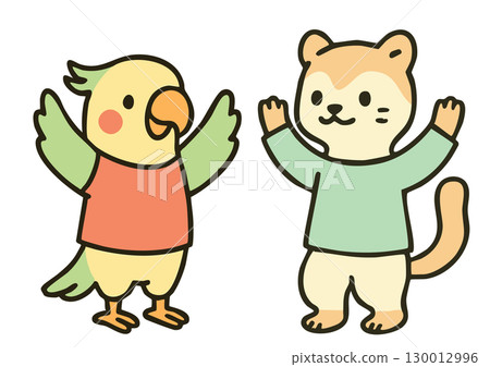 Parakeet and ferret cheering 130012996