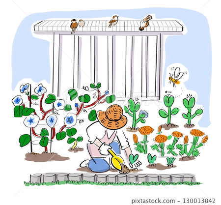 Illustration of a woman planting seedlings 130013042