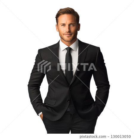 Confident man in black suit and tie with hands in pockets, showcasing professionalism and style 130013050