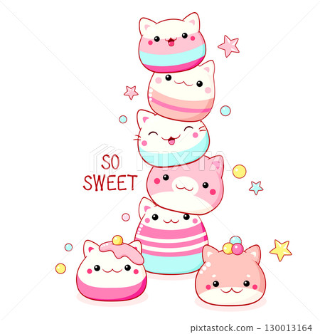 Stack of traditional Chinese animal-shaped mantou buns. Cute cat-shaped dessert in kawaii style. Inscription So sweet. Can be used for t-shirt print, sticker, greeting card. Vector illustration EPS8 130013164