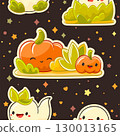 Vector seamless background with cute eye-catching Halloween characters. Tiling Halloween backdrop with ghost, pumpkin. Endless texture can be used for pattern fills, web page background, fabric design 130013165