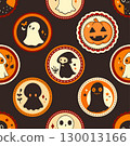 Vector seamless background with cute Halloween design. Tiling Halloween backdrop with ghost, pumpkin, grim reaper. Endless texture can be used for pattern fills, web page background, fabric design 130013166