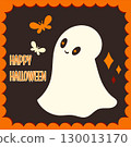 Halloween card with cute ghost watching butterflies fly. Holiday cartoon sticker or badge with little ghost and butterflies. Delightful and visually appealing Halloween card. Vector illustration EPS8 130013170