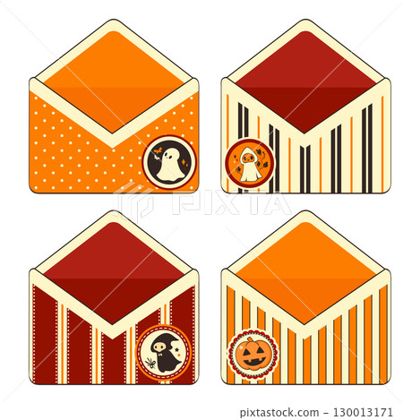 Vector set of Halloween cute opened envelope. Retro letter with Halloween character. Can be used for holiday t-shirt print, sticker, greeting card. Delightful and visually appealing Halloween badge Vector set of Halloween cute opened envelope. Retro letter with Halloween character. Can be used for holiday t-shirt print, sticker, greeting card. Delightful and visually appealing Halloween badge 130013171