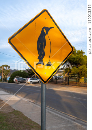 Penguin crossing warning sign on a coastal road, Kangaroo Island 130013213