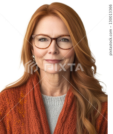 Portrait of a confident older woman with red hair and glasses, wearing a cozy sweater against a plain background Portrait of a confident older woman with red hair and glasses, wearing a cozy sweater against a plain background 130013366