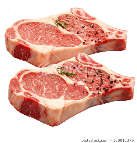 Freshly cut ribeye steaks ready for grilling with herbs and spices for a flavorful meal 130013379