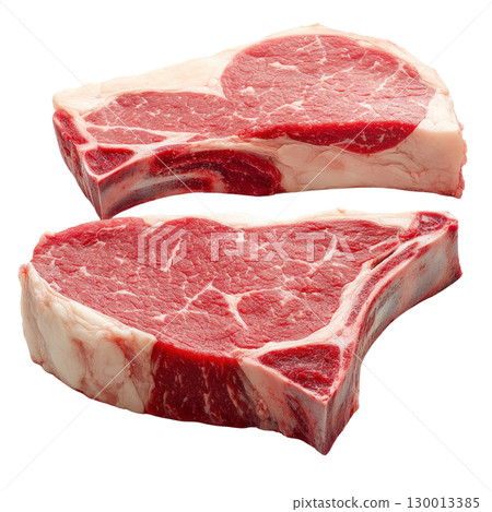 Freshly cut ribeye steaks isolated on white background ready for grilling or cooking at home 130013385