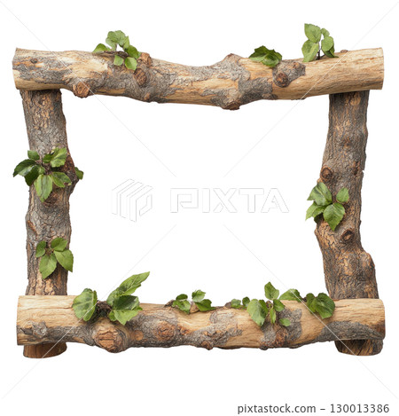 Natural wood frame adorned with green leaves showcasing rustic beauty for decor or photography 130013386